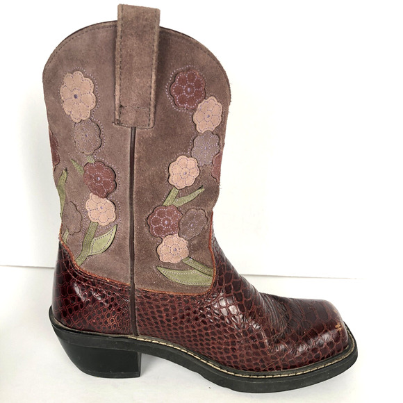 ARIAT Suede Snake Floral Boots Women's Sz 8B Maroon Purple Cowgirl Square 16263 - Picture 7 of 10